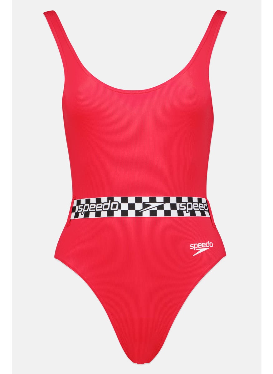 speedo Women One Piece Embroidered Logo Swimsuit, Red  - Image 1