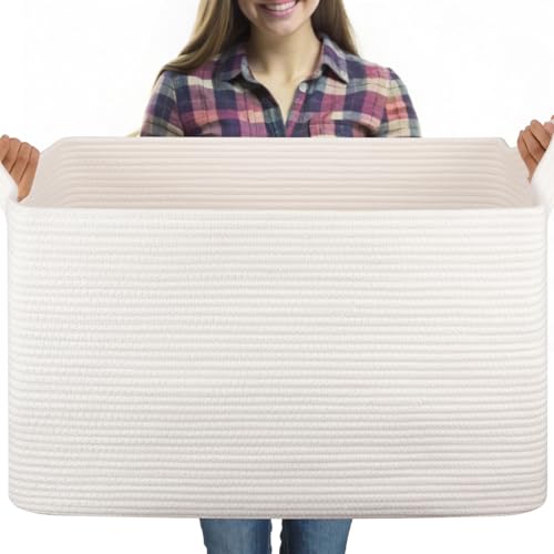OIASKET 95L Extra Large Blanket Basket 24 x 169 x 142 Woven Storage Basket for Living Room Rectangle Nursery Blanket Storage for Toys Towels Dirty Clothes White