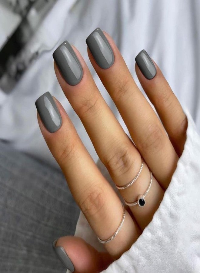 KXAMELIE Grey Press On Nails Short Square, Natural Gel Nails Glue on Fall Colors 2025 Trendy Acrylic Nails Press ons Featured Protective Coat Thick Reusable Fake Nails 24Pcs Short Coffin Nails - Image 2