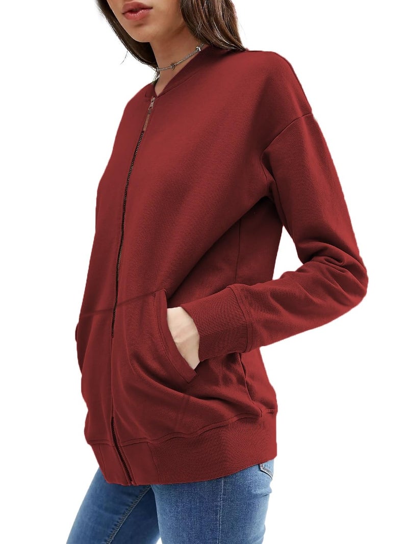 LEOTUDE Full Sleeve Loose Fit Bomber Loop Knitted Standard Length Jacket For Women (Grl_Jkt02_Mrun_P_Maroon_L) - Image 3