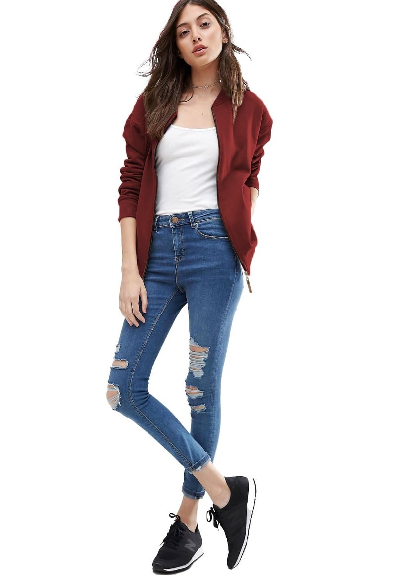 LEOTUDE Full Sleeve Loose Fit Bomber Loop Knitted Standard Length Jacket For Women (Grl_Jkt02_Mrun_P_Maroon_L) - Image 4