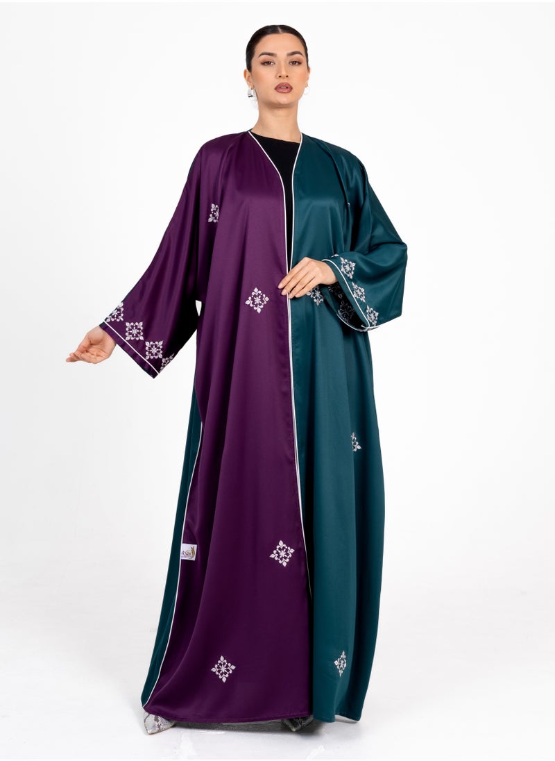 Rosette Abaya Elegant Green Bisht with Embroidery & Purple Side  - Image 1