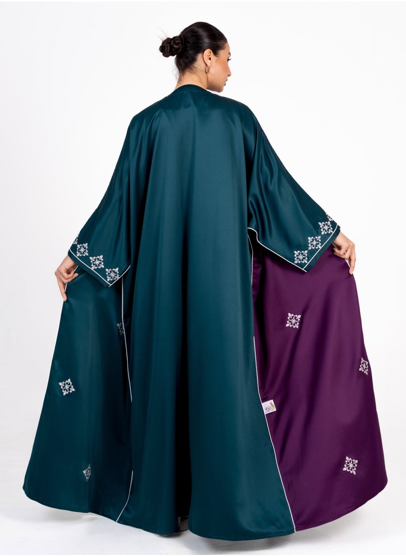 Rosette Abaya Elegant Green Bisht with Embroidery & Purple Side  - Image 3