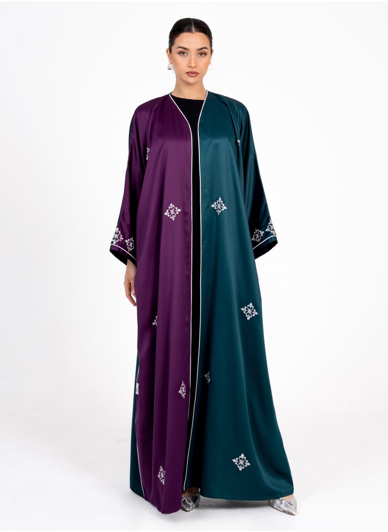 Rosette Abaya Elegant Green Bisht with Embroidery & Purple Side  - Image 4