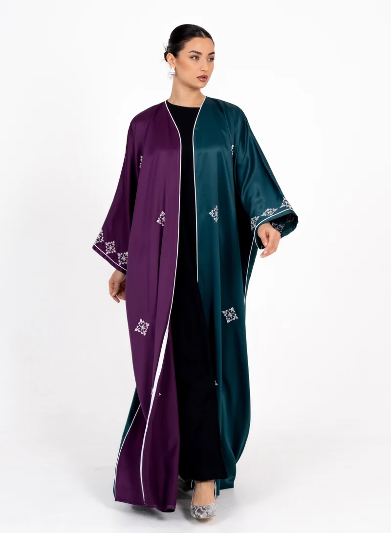 Rosette Abaya Elegant Green Bisht with Embroidery & Purple Side