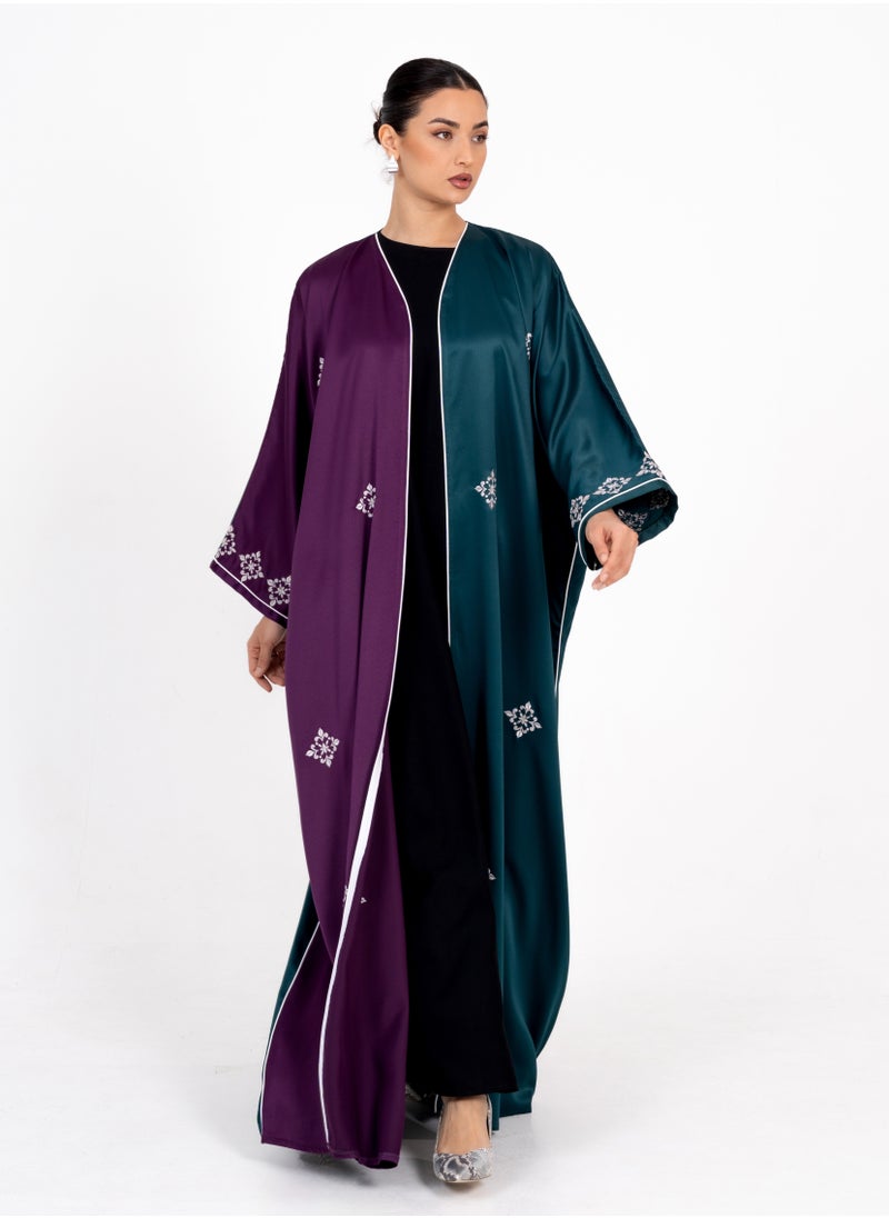 Rosette Abaya Elegant Green Bisht with Embroidery & Purple Side  - Image 5