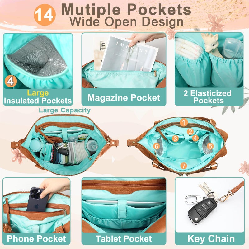 MOMINSIDE حقيبة حفاضات MOMINSIDE، 4 في 1 حقيبة حفاضات جلدية مع 14 جيب، حقيبة أطفال قابلة للتحويل للأولاد والبنات، سجل هدايا الأطفال، وسادة تغيير، 4 جيوب كبيرة معزولة (بني) - Image 3