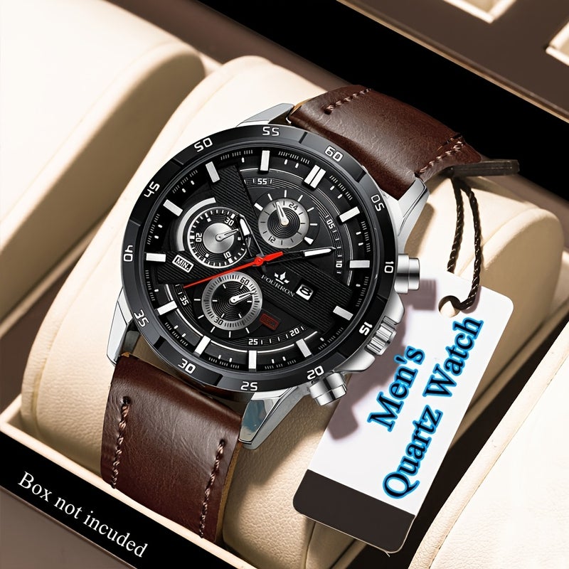 FOURRON Unisex Quartz Watch, Soft PU Leather Strap, Round Dial, Luminous Hands, Date Display, Waterproof, Multifunction - Image 4