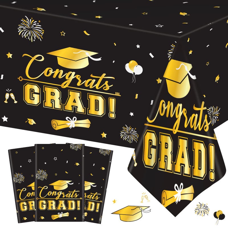 3 Pcs Graduation Tablecloth  Congrats Grad Table Cloth for Class of 2025Disposable Plastic Rectangle Grad Table Cover for Graduation Party Decorations 2025 and Party Supplies 54x108 InchBlack Gold