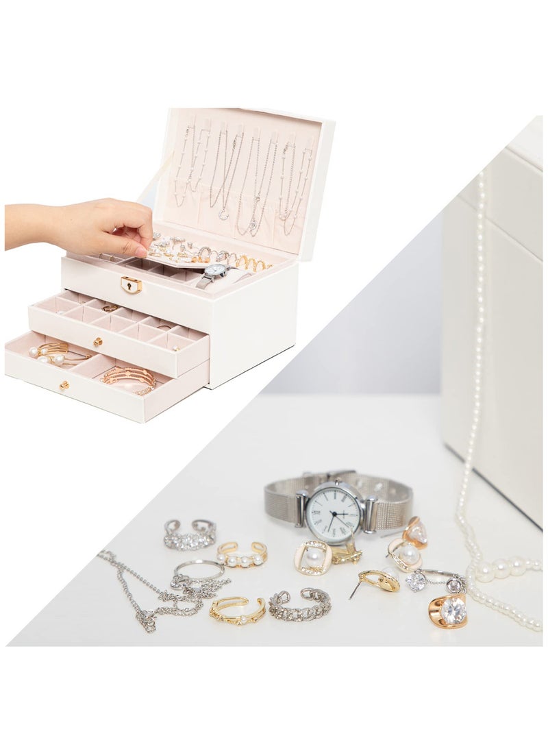 ETG - Jewelry Boxes For Women with Lock-3 Layer Large Leather Jewelry Organizer Box -Jewelry Box for Rings Earrings Necklaces Watch and More(White) - Image 1