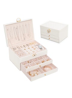 Jewelry Boxes For Women with Lock-3 Layer Large Leather Jewelry Organizer Box -Jewelry Box for Rings Earrings Necklaces Watch and More(White)