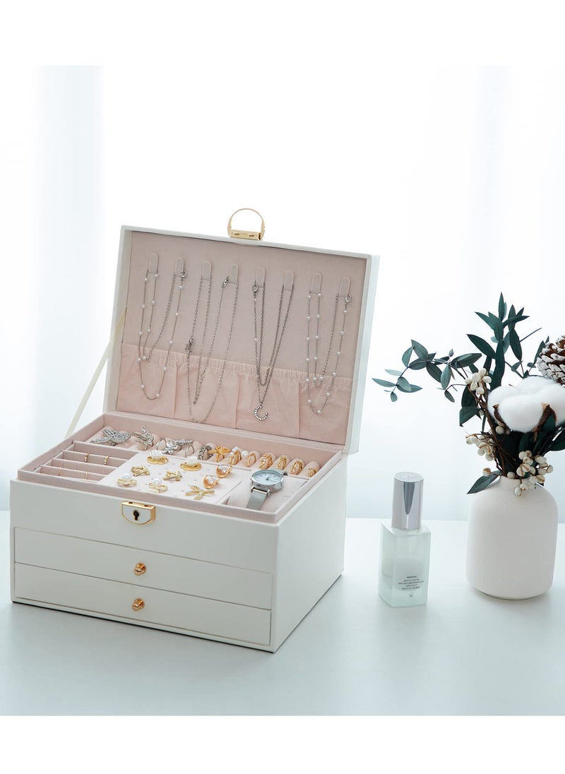 ETG - Jewelry Boxes For Women with Lock-3 Layer Large Leather Jewelry Organizer Box -Jewelry Box for Rings Earrings Necklaces Watch and More(White) - Image 1