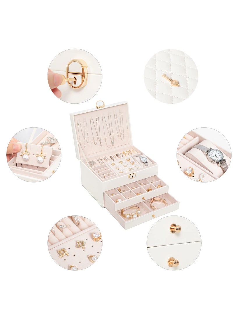 ETG - Jewelry Boxes For Women with Lock-3 Layer Large Leather Jewelry Organizer Box -Jewelry Box for Rings Earrings Necklaces Watch and More(White) - Image 1