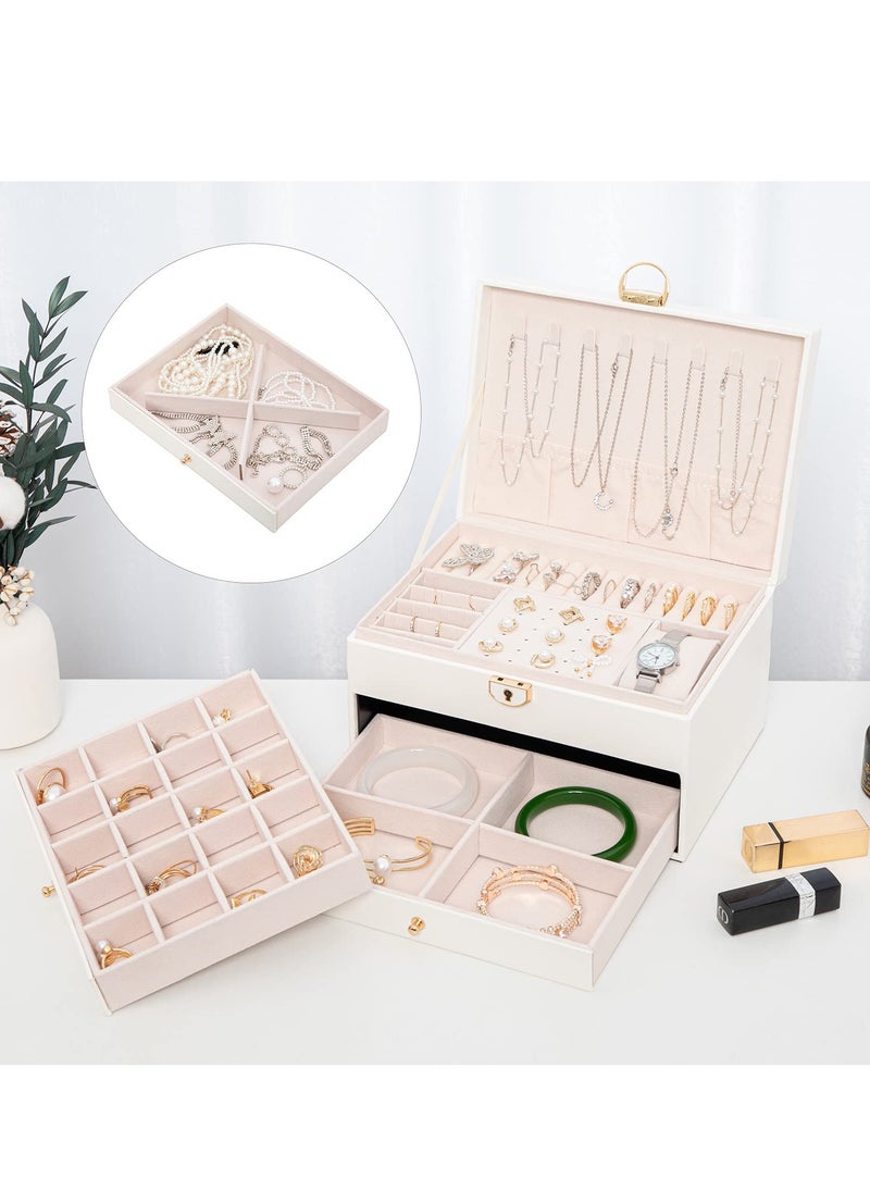 ETG - Jewelry Boxes For Women with Lock-3 Layer Large Leather Jewelry Organizer Box -Jewelry Box for Rings Earrings Necklaces Watch and More(White) - Image 1