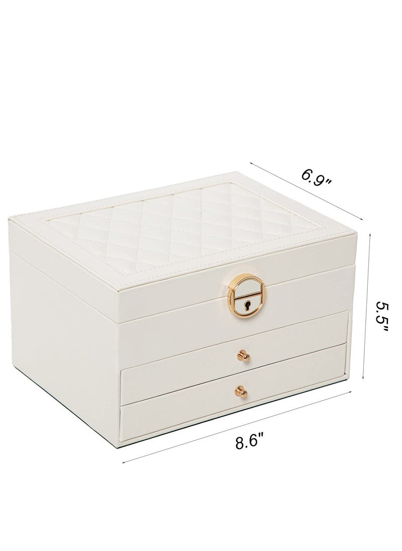 ETG - Jewelry Boxes For Women with Lock-3 Layer Large Leather Jewelry Organizer Box -Jewelry Box for Rings Earrings Necklaces Watch and More(White) - Image 1