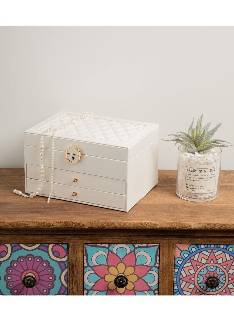 ETG - Jewelry Boxes For Women with Lock-3 Layer Large Leather Jewelry Organizer Box -Jewelry Box for Rings Earrings Necklaces Watch and More(White) - Image 1