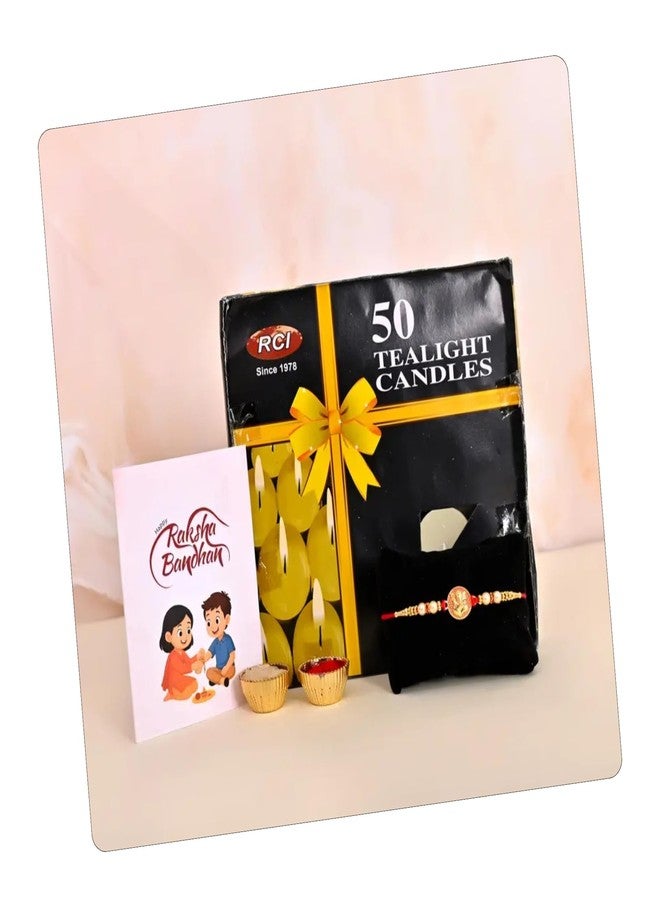 Poorak Religious Assorted Rakhi Set – Includes 1 Rakhi, 1 Tealight (50 Candle Set) Roli Chawal & Greeting Card - Image 1