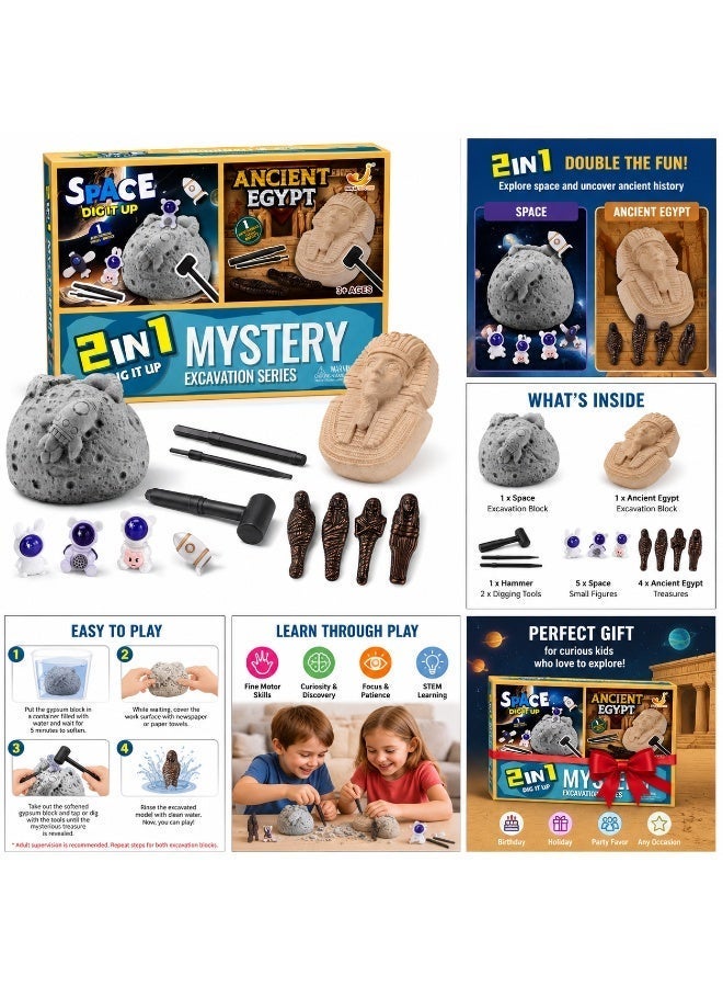 Twisoo 2-in-1 Mystery Excavation Dig Kit for Kids – Space & Ancient Egypt Archaeology STEM Science Toy – Includes Digging Tools and Hidden Treasures – Educational Discovery Gift for Boys & Girls Ages 3+ - Image 2