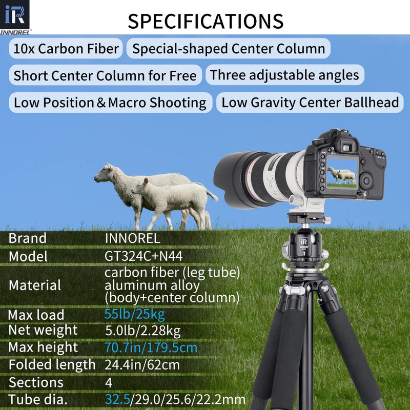 Innorel INNOREL Carbon Fiber Tripod- GT324C Professional Compact Tripod for DSLR Camera Heavy Duty Stand with Low Gravity Center Ball Head Special-Shaped Center Column Max Load 55lbs/25kg  - Image 2