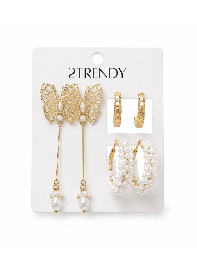 2Trendy Women's 3-Pair Gold Earrings Set – Butterfly, Pearl & Textured Hoops