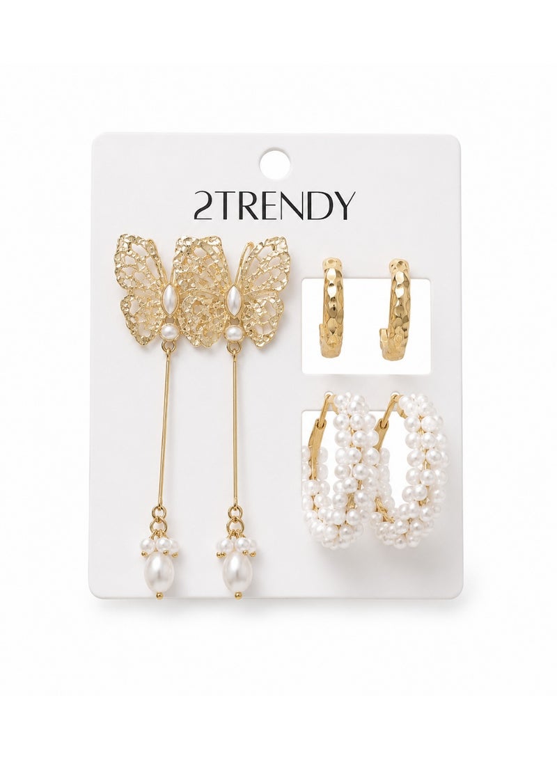 Women's 3-Pair Gold Earrings Set – Butterfly, Pearl & Textured Hoops