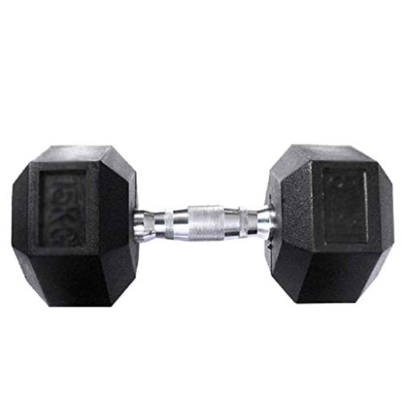 Home fitness equipment for men: hexagonal dumbbells in black, 7.5kg, non-slip rubber-coated iron for stability and floor protection - Image 1