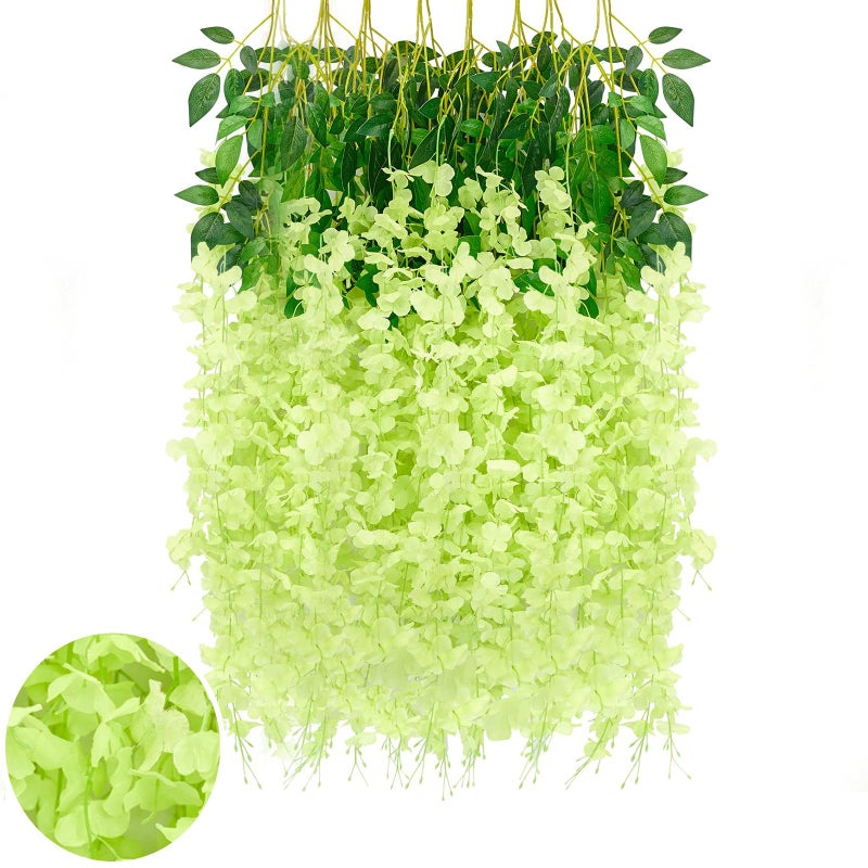 Luerbi Green Artificial Wisteria Flower Vines  3.77 Feet Green Wisteria Hanging Flowers Garland  12 Pack Fake Green Wisteria  Green Flower Vines for Backdrop  Green Trailing Flower  Yard Flower Vines Decor - Image 1