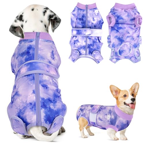Lukovee Recovery Suit for Dogs, Zipper On Recovery Suit for Female Male Dog, Onesie Abdominal Wounds Cone E-Collar Alternative Prevent Licking Spay Recovery Suit (Small, Purple Tie-dye) - Image 1