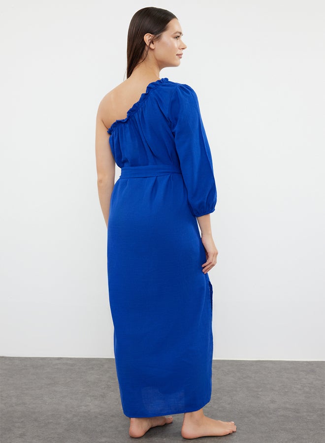 trendyol Saxe Belted Maxi Woven Flounce/Ruffle Detailed Linen Blend One Shoulder Beach Dress TBESS24EL00066 - Image 5