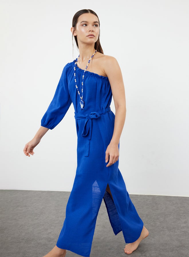 trendyol Saxe Belted Maxi Woven Flounce/Ruffle Detailed Linen Blend One Shoulder Beach Dress TBESS24EL00066 - Image 1