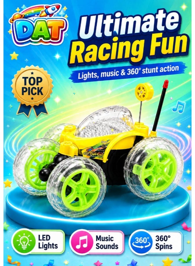 DAT RC Stunt Car with LED Wheels & 360° Flips, Remote Control Tumbling Trick Vehicle for Kids – Green/Black - Image 1