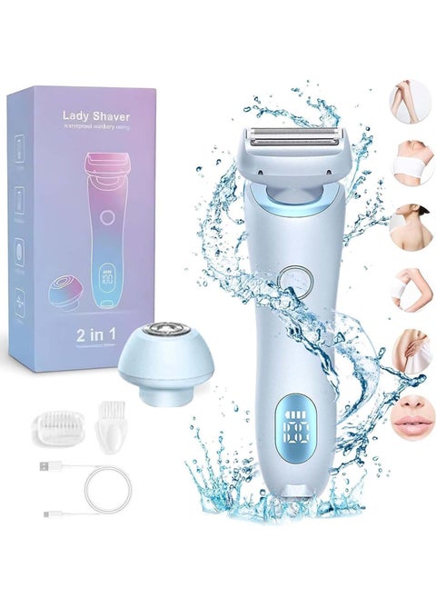 Electric Razors for Women 2 IN 1 Electric Shaver for Womens Legs Underarm Face Pubic Hairs,Wet Dry Use Rechargeable Trimmer Hair Removal with Detachable Head,Painless IPX7 Waterproof Blue