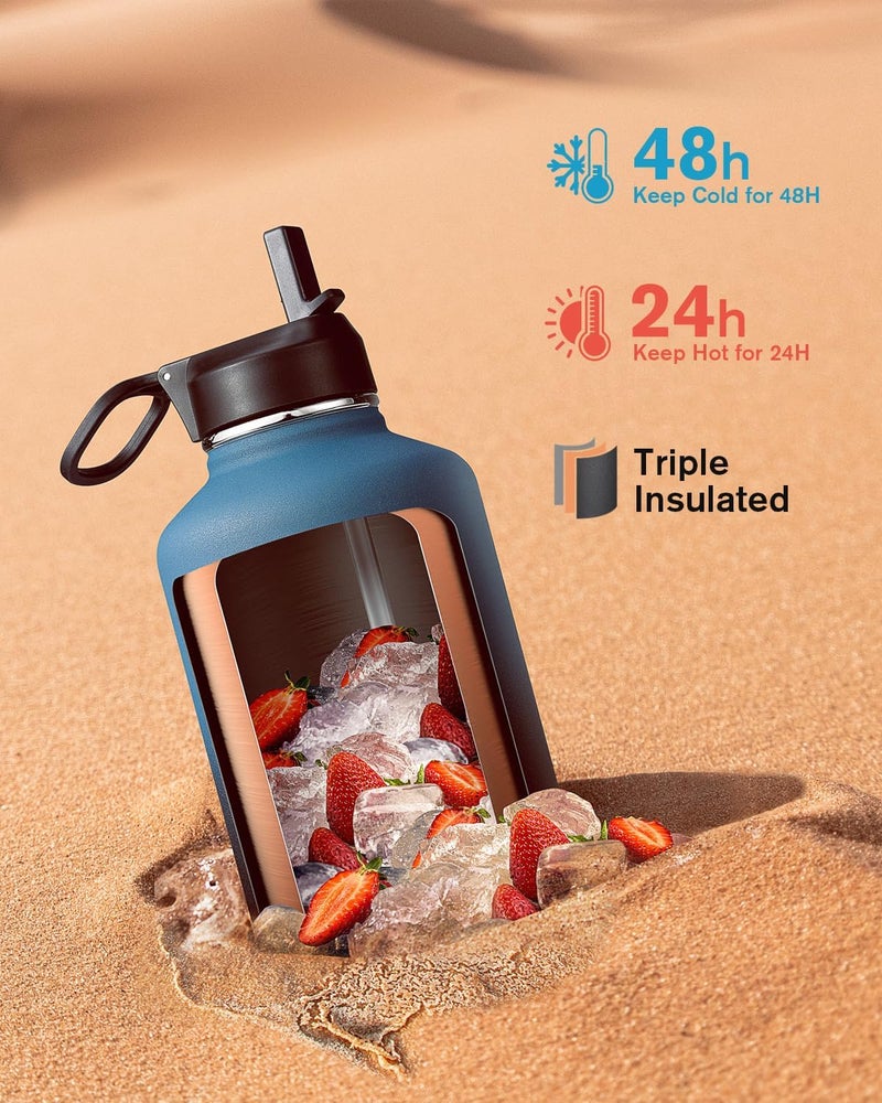 Coolflask Half Gallon Water Bottle Insulated with Straw & 3 Lids, 64 oz Water Jug Large Metal Stainless Steel Wide Mouth for Sports, Gym or Office, Non-BPA Keep Cold 48H Hot 24H, Samurai Cyan - Image 2