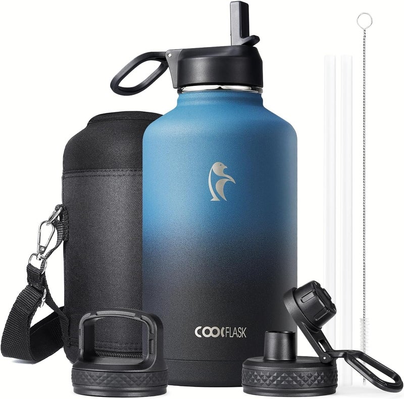 Coolflask Half Gallon Water Bottle Insulated with Straw & 3 Lids, 64 oz Water Jug Large Metal Stainless Steel Wide Mouth for Sports, Gym or Office, Non-BPA Keep Cold 48H Hot 24H, Samurai Cyan - Image 1