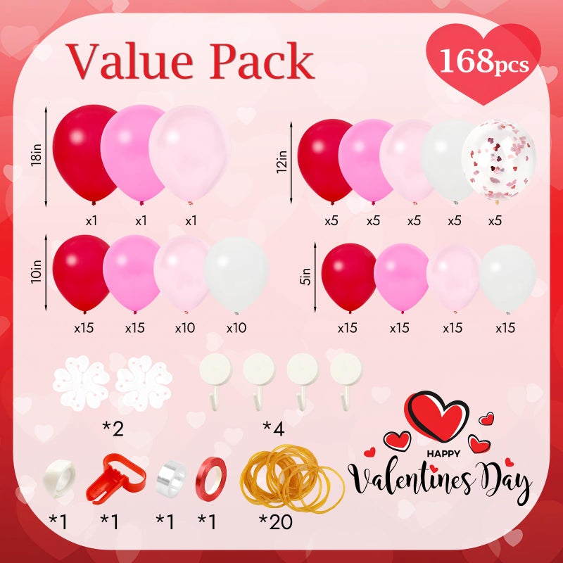 PEASUG Valentines Day Balloon Arch Kit, 168 Pcs Valentine Day Balloon Garland, 18 12 10 inch Latex Confetti Red Pink and White Balloons for Valentines' Day Decorations Wedding Birthday Anniversary Supplies - Image 2