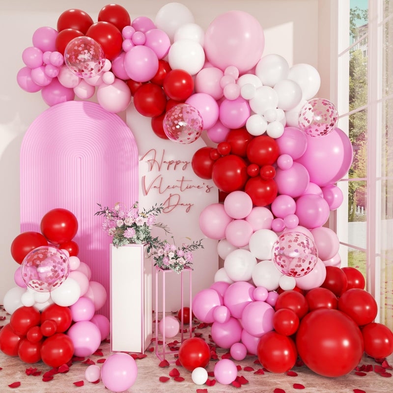 PEASUG Valentines Day Balloon Arch Kit, 168 Pcs Valentine Day Balloon Garland, 18 12 10 inch Latex Confetti Red Pink and White Balloons for Valentines' Day Decorations Wedding Birthday Anniversary Supplies - Image 1