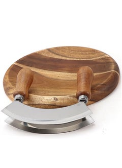 SYOSI Double Blade Chopping Knife with Round Cutting Board, Stainless Steel Mezzaluna Pizza Cutter Rocker Knife, Salad Chopper and Mincing Knife Set  - Image 5