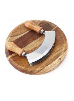 SYOSI Double Blade Chopping Knife with Round Cutting Board, Stainless Steel Mezzaluna Pizza Cutter Rocker Knife, Salad Chopper and Mincing Knife Set  - Image 1