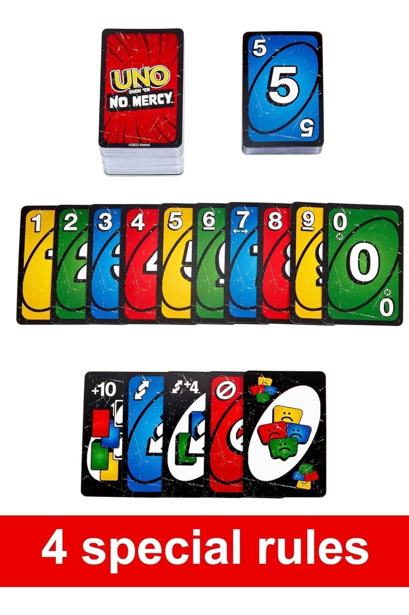 ماتيل جيمز لعبة الورق UNO Show ‘Em No Mercy – إصدار شرس من أونو الكلاسيكية بـ168 بطاقة – قواعد خاصة وعقوبات قاسية – مثالية لليالي الألعاب العائلية، الحفلات والسفر – للأعمار 7+ ولعدد 2 إلى 6 لاعبين - Image 5