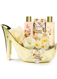 Freida and Joe Elegant French Vanilla Bath Set Gold High Heel Shoe Spa Gift for Gifting Pampering  Home Decor Shower Gel Body Lotion Bath Salts Soap Flower  Many More Valentines Gift for Women 