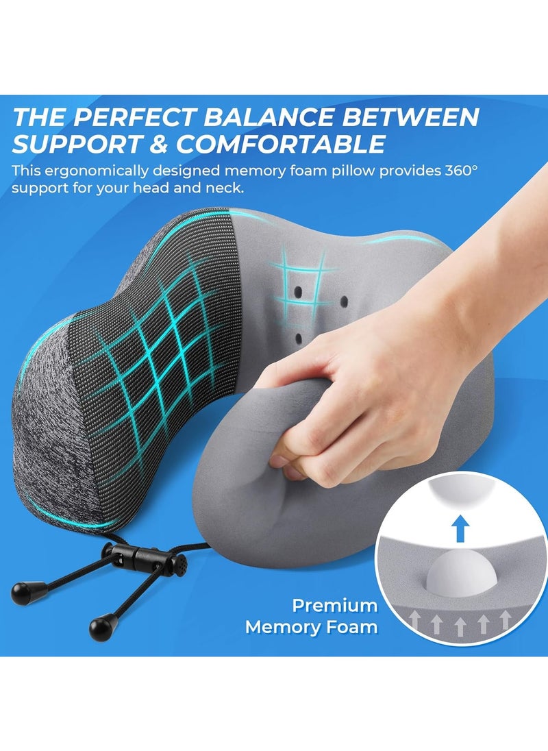 NNEWVANTE - Travel Pillow, Travel Pillows for Sleeping Airplane, Removable Cover Neck Pillow with Adjustable Clasp, Memory Foam Neck Pillow Set with Eye Mask, Earplugs and Storage Bag (Dark Grey) - Image 1