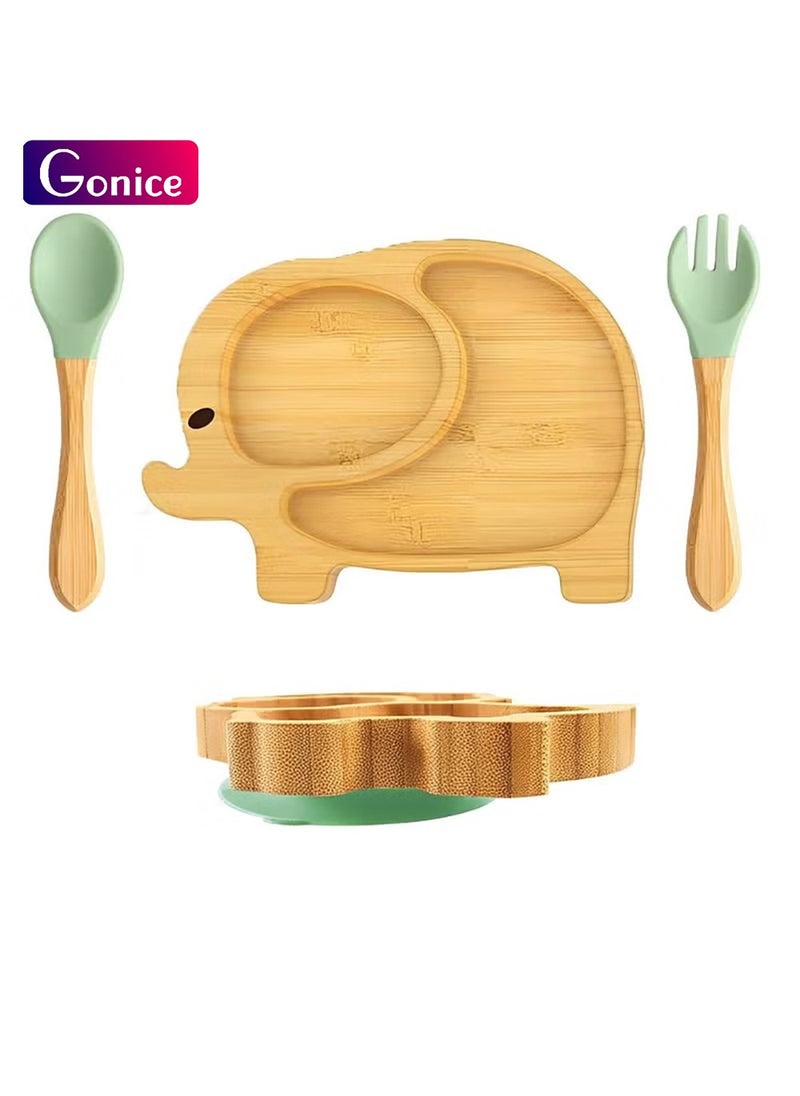 Gonice Baby Feeding Set, Bamboo Suction Plate with Silicone Spoon and Fork, Baby Weaning Supplies Set, Toddler Self Feeding Dish Set, Baby Tableware Set, Elephant  - Image 1