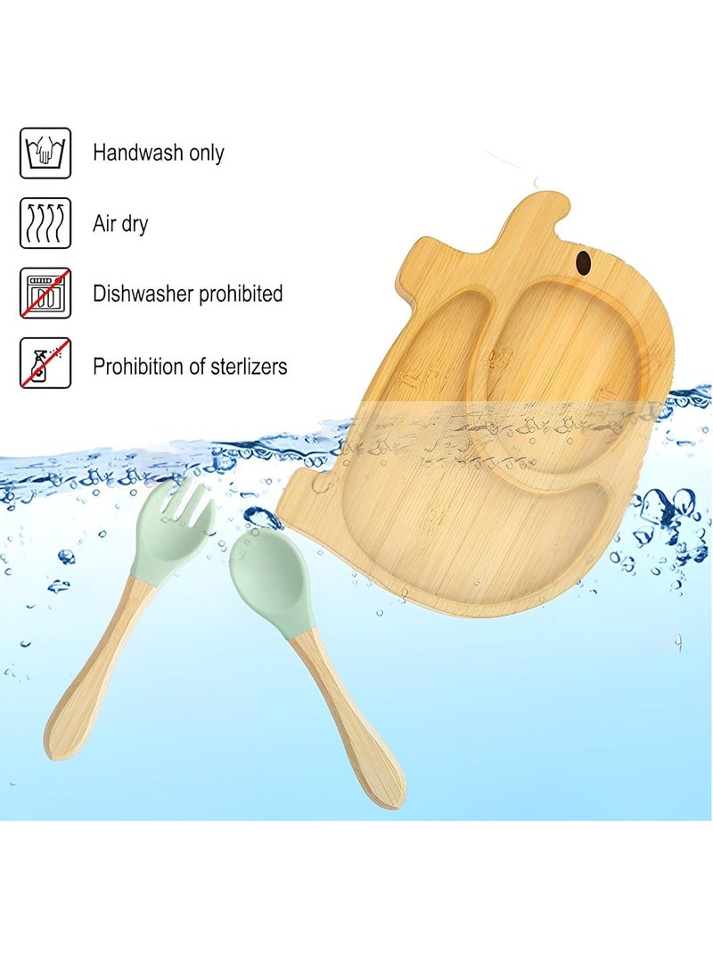 Gonice Baby Feeding Set, Bamboo Suction Plate with Silicone Spoon and Fork, Baby Weaning Supplies Set, Toddler Self Feeding Dish Set, Baby Tableware Set, Elephant  - Image 3