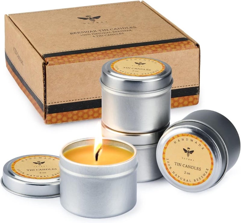DEYBBY Pure Beeswax Emergency Candle Set of 4 - Natural Honey Scented Travel Tin - Image 1