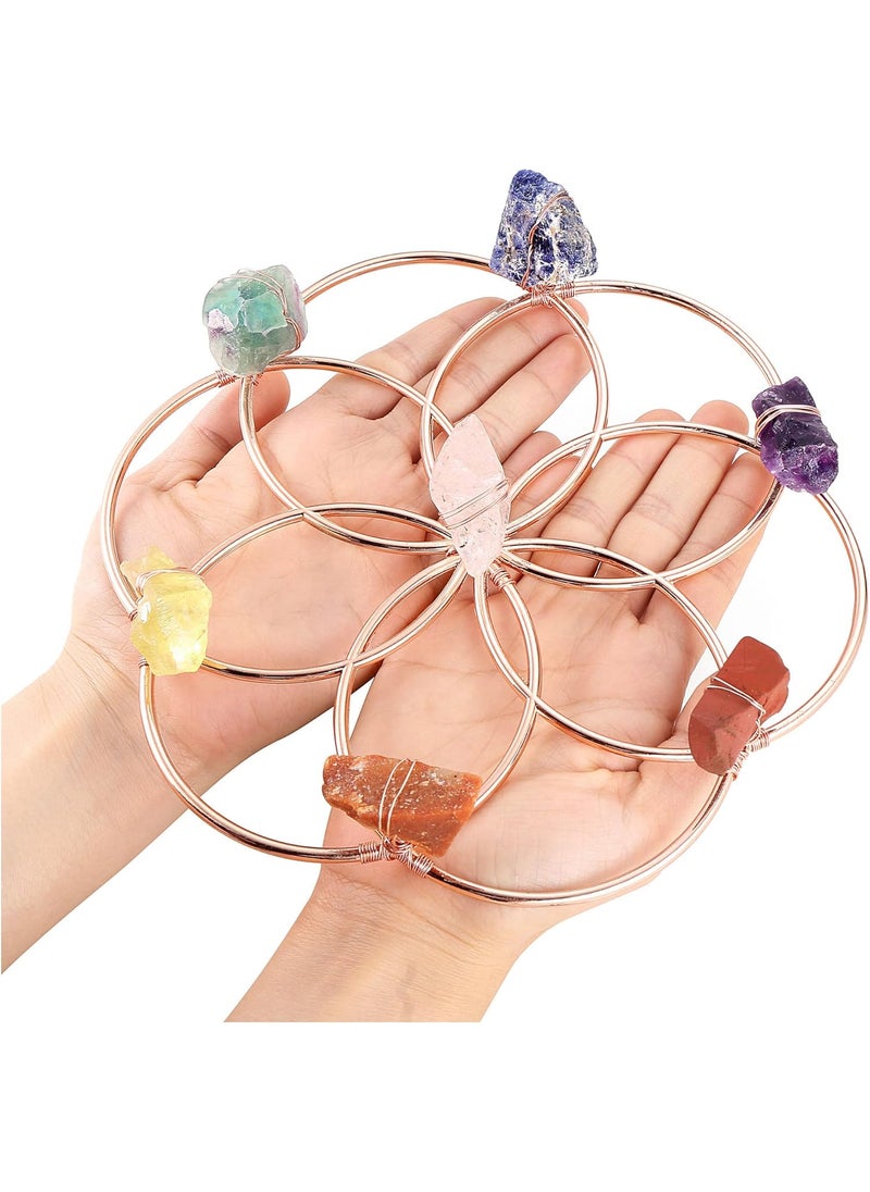 Jovivi Jovivi Flower of Life Copper Wrapped 7 Chakra Stones Wall Art Crystal Grid Sacred Geometry Natural Raw Reiki Healing Crystal Stones Wall Hanging for Home Decor Meditation Altar Gift 