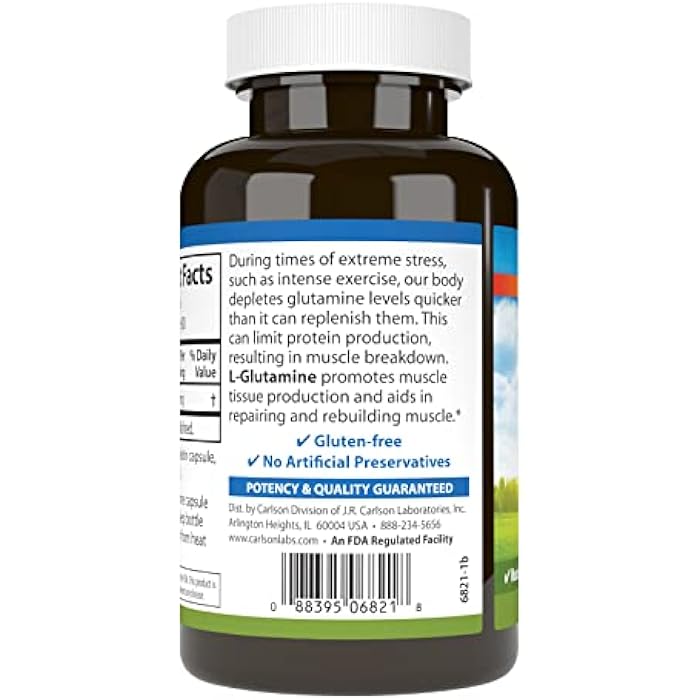 Carlson - L-Glutamine, Free-Form Amino Acid, 750 mg, Muscle Tissue Production, 90 Capsules - Image 3