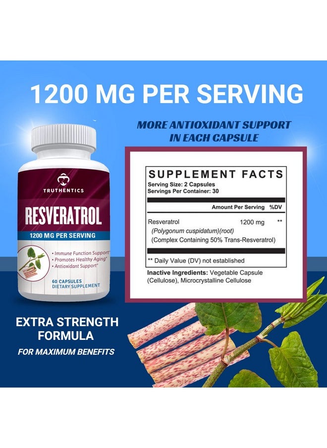 TRUTHENTICS - Resveratrol Nutritional Supplement Japanese Knotweed Capsules 1200 Mg Serving (60 Capsules) Vegetarian Capsules With Transresveratrol For Healthy Aging & Immune Health - Image 1
