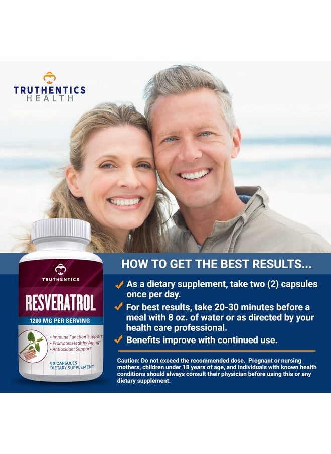 TRUTHENTICS - Resveratrol Nutritional Supplement Japanese Knotweed Capsules 1200 Mg Serving (60 Capsules) Vegetarian Capsules With Transresveratrol For Healthy Aging & Immune Health - Image 1