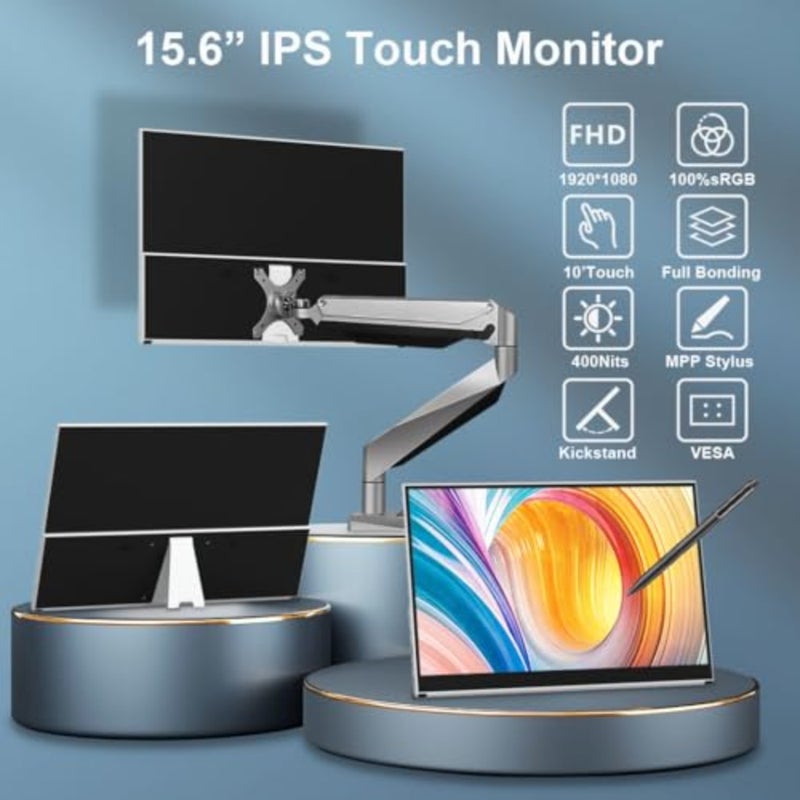 Portable Monitor Touchscreen 15.6 Inch FHD 1080P IPS External Display with MPP Stylus 100 sRGB 400 Nits Built-in Adjustable Stand USB-C HDMI Mini DP Connectivity For Laptop PC Mac Surface Nintendo Switch - Image 2