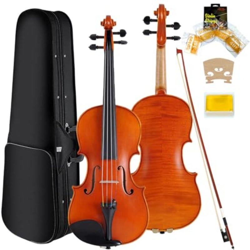 Violin Set Full Size for Beginner Student Fiddle Starter Kit for Adults with Brazilwood Bow, Violin Sticker, Bridge, Rosin and Lightweight Case Solid Wood 4/4-Matte - Image 1